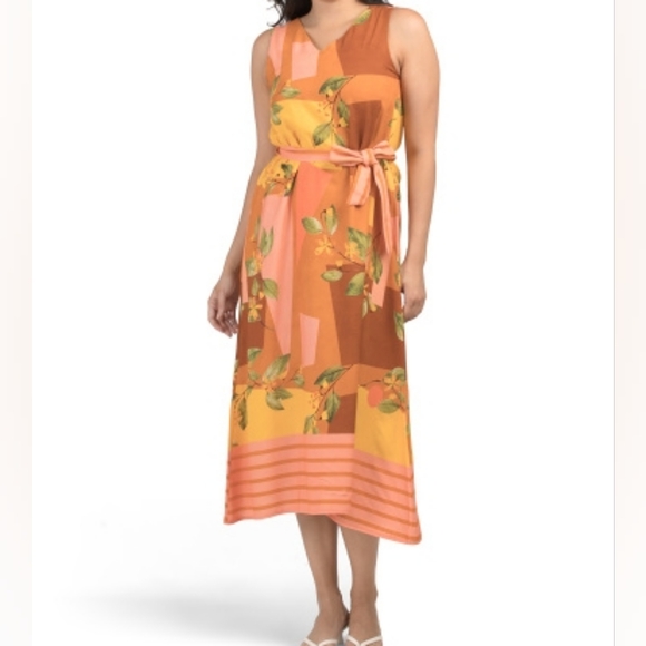 NWT - Le Ragazze Italy Linen Blend Burnt Orange Belted Sleeveless Midi Dress - L - Picture 3 of 12